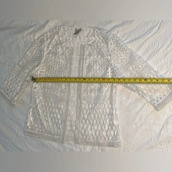 Chico’s Travelers White Open Knit Cardigan Sheer Crochet 3/4 Sleeve Jacket 4/6P - Picture 8 of 11